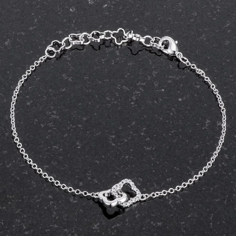 customizable name bracelet -0.1 Ct Rhodium Bracelet With Interlocking Floral Links - 7" Chain + 1.75" Extender