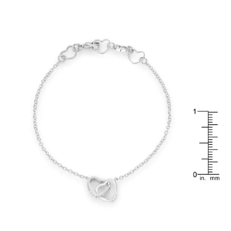 minimalist silver cuff bracelet -0.12 Ct Rhodium Interlocked Hearts Bracelet With Cz Accents - 7" Chain + 1" Extender