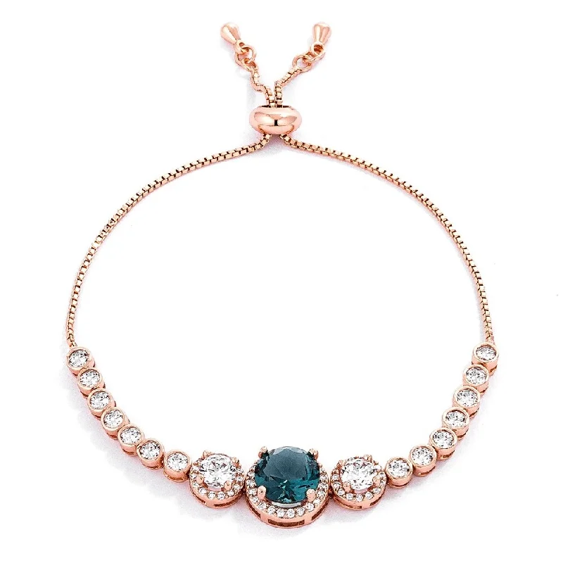 elegant minimalist bracelet -Adjustable Rose Gold Plated Graduated Cz Bolo Style Tennis Bracelet - Blue-Green-Rosegold - 8.5" Circumference