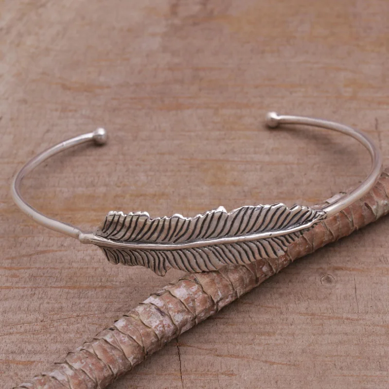 minimalist rope bracelet -Alluring Feather 925 Sterling Silver Feather Cuff Bracelet from Bali