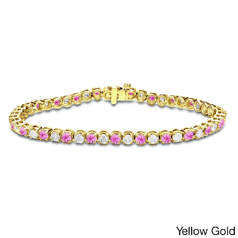 men’s sterling silver bracelet -Auriya 1 1/2ct Round Pink Sapphire and 1 1/2ct TDW Diamond Tennis Bracelet 14k Gold