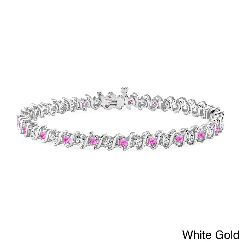 gold charm bracelet for women -Auriya 5ct Pink Sapphire and 5ctw S-Link Diamond Tennis Bracelet 14k Gold