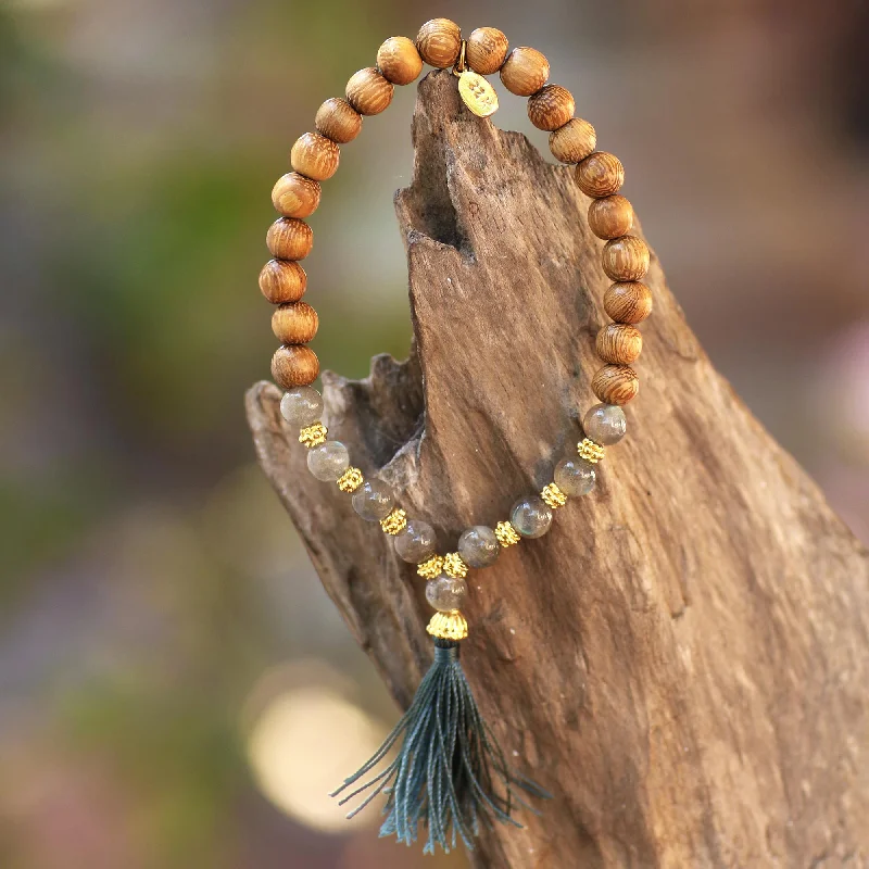 luxury crystal wrap bracelet -Batuan Harmony Gold Accented Labradorite and Wood Beaded Stretch Bracelet