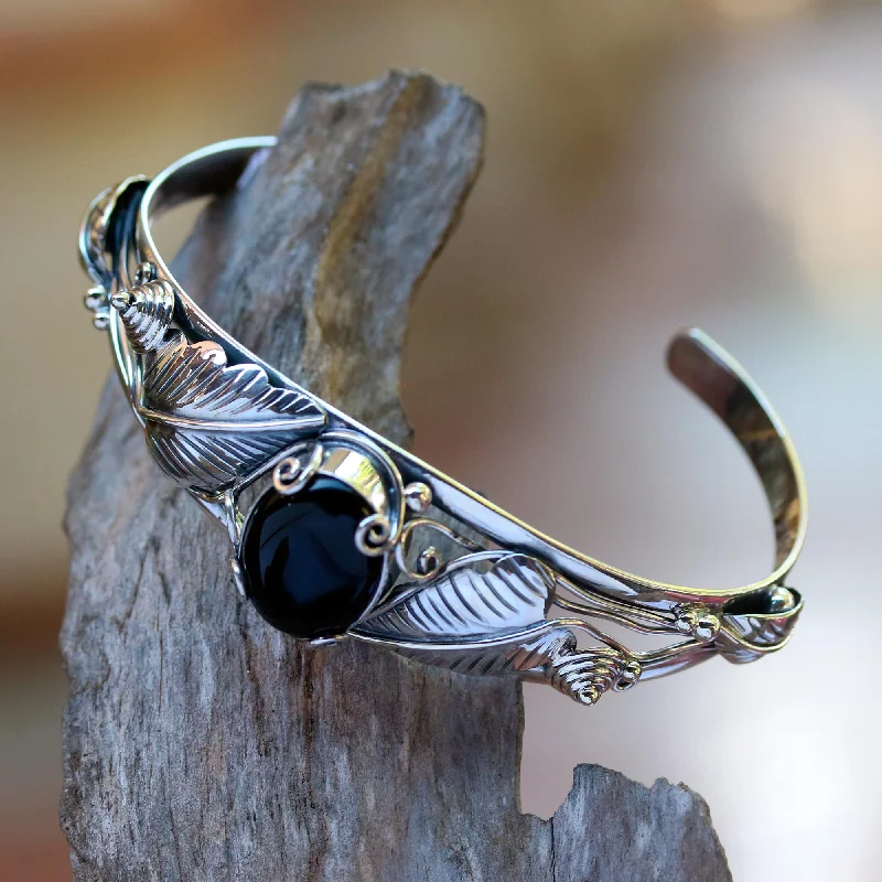 multi-colored bracelet for women -Black Lily Floral Onyx Sterling Silver Cuff Bracelet