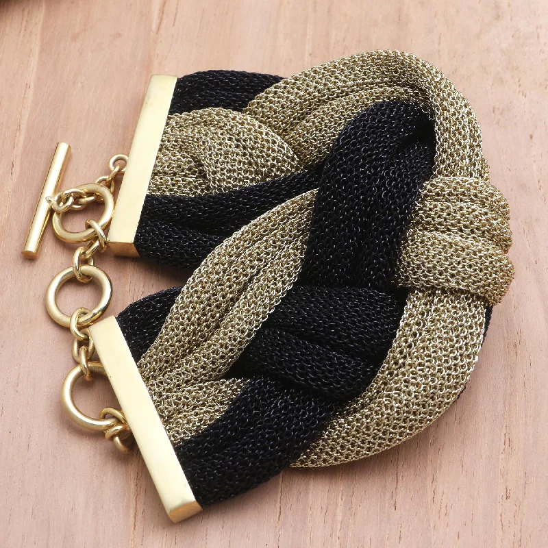 double wrap leather bracelet -Braided Union Black and Golden Mesh Woven Bracelet