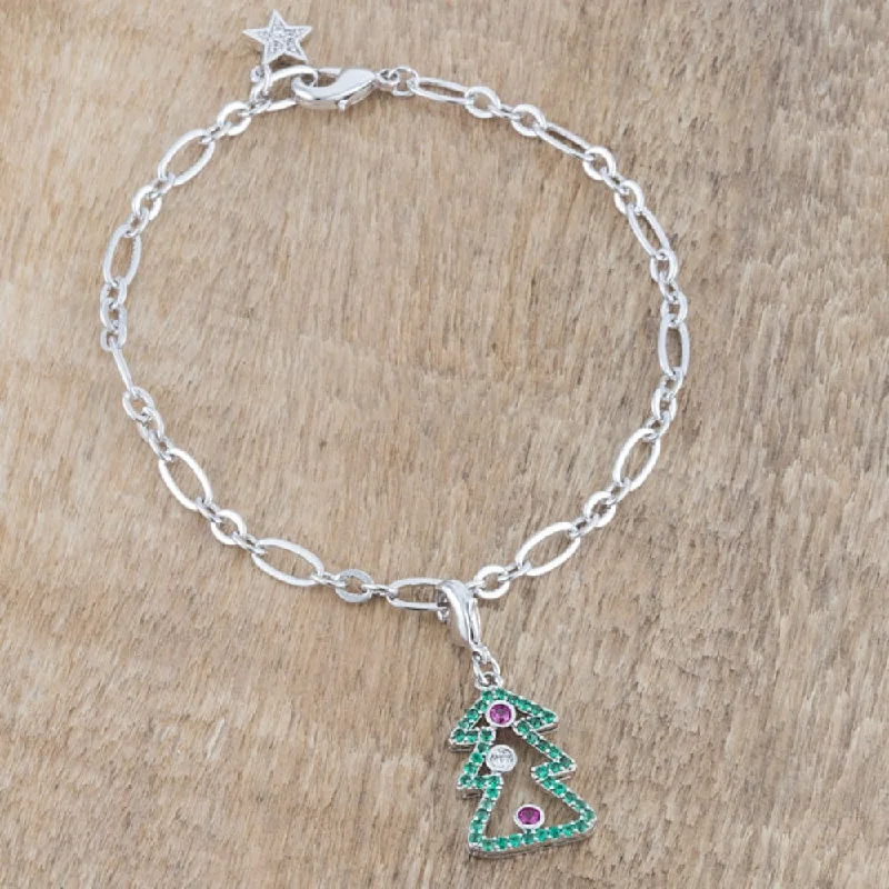 chic beaded charm bracelet -Christmas Tree 0.35Ct Cz Rhodium Holiday Charm Bracelet - 7.5" Length