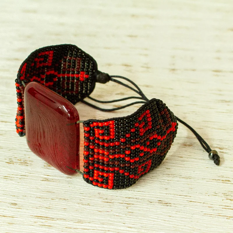 handmade beaded wristband -Codices in Red Red and Black Glass Bracelet