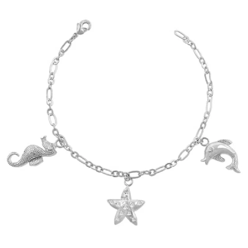 men’s sterling silver bracelet -Cubic Zirconia Seashore Charm Bracelet With Rhodium Plating - 7 Inch