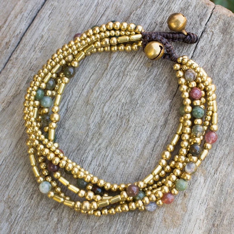 sleek metal bracelet for women -Earth Freedom Brass Beaded Bracelet Crafted by Hand with Agate