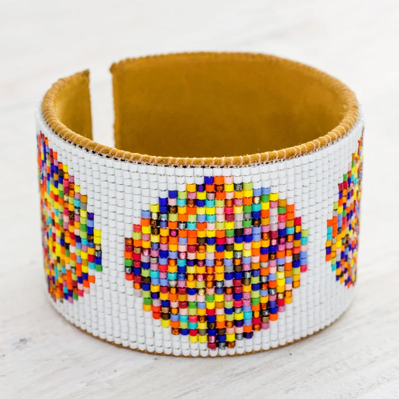 women’s adjustable bangle bracelet -Fiesta in Santiago Handcrafted Leather Cuff Bracelet with Colorful Beads