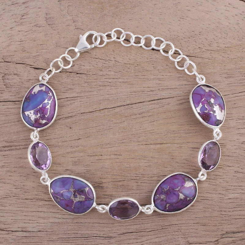 women’s adjustable leather bracelet -Gleaming Lilac Amethyst and Purple Turquoise Bracelet from India