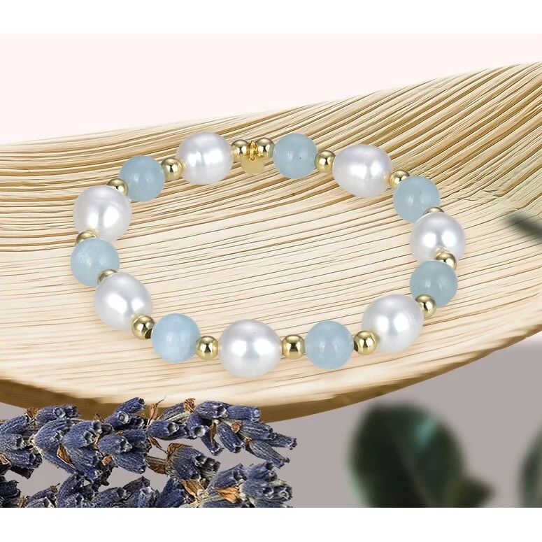 custom engraved leather bracelet -Gold Over Sterling Silver Aquamarine, Pearl & Beads Stretch Bracelet