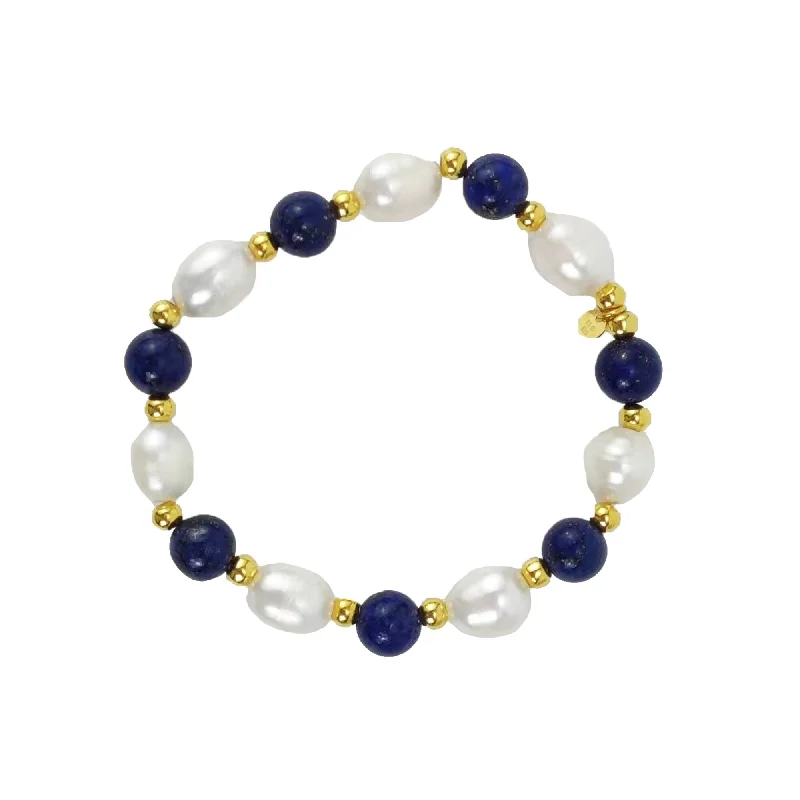 birthstone charm bracelet -Gold Over Sterling Silver with Pearl and Beads Lapis Stretch Bracelet