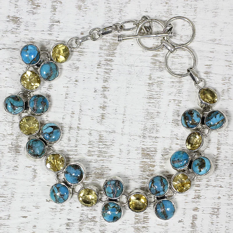 gemstone charm bracelet for healing -Golden Skies Citrine and Composite Turquoise Link Bracelet from India