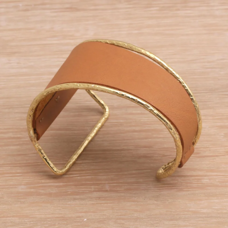 gold-plated adjustable bracelet -Golden Tan Swirl Golden Tan Leather and Brass Cuff Bracelet from Bali