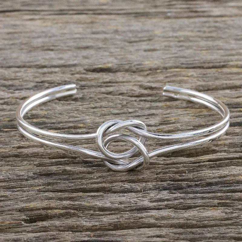 personal engraved bracelet for women -Happy Together Sterling Silver Wire Cuff Bracelet with Center Knot