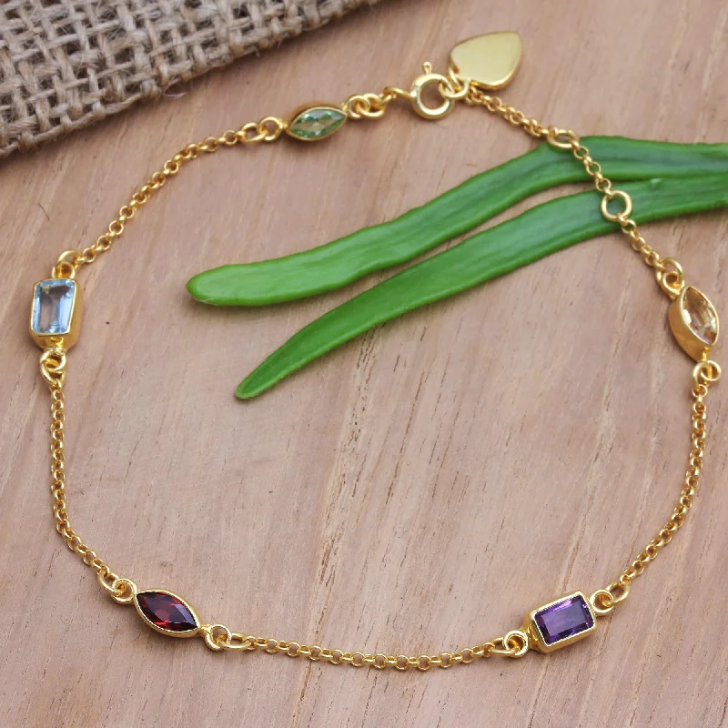 handmade friendship bracelets for girls -Heaven's Rainbow Gold-Plated Birthstone Station Bracelet from Bali