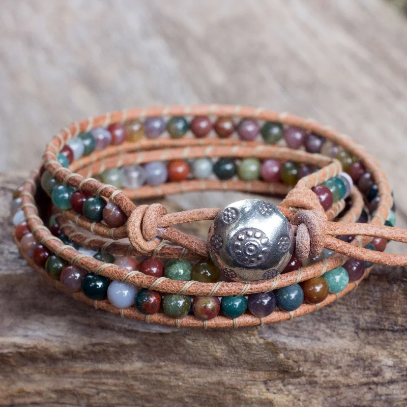 gold-plated adjustable bracelet -Inner Harmony Multi-colored Jasper and Leather Wrap Bracelet