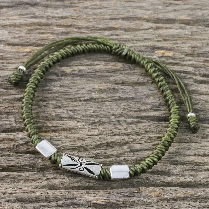 elegant minimalist bracelet -Karen Triangle in Olive Hand Braided Olive Cord Bracelet with Silver Pendants