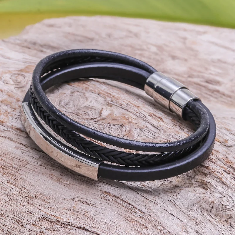 elegant minimalist bracelet -Mighty Strength in Black Leather Strand Bracelet in Black from Thailand