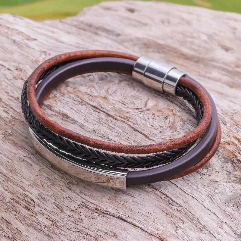 women’s adjustable leather bracelet -Mighty Strength in Brown Leather Strand Bracelet in Brown from Thailand