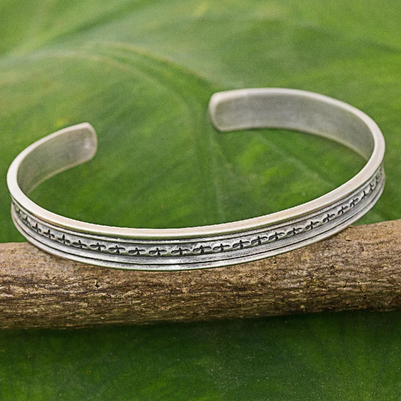 personal engraved bracelet gift -Mom and Dad Karen Tribe Sterling Silver Cuff Bracelet Cross Thailand