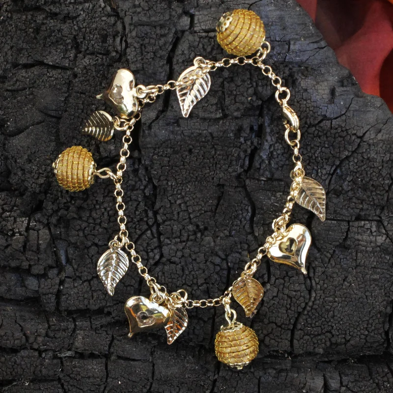 minimalist rope bracelet -Natural Friend Heart Leaf Beehive Charms on Gold Plated Brazilian Bracelet