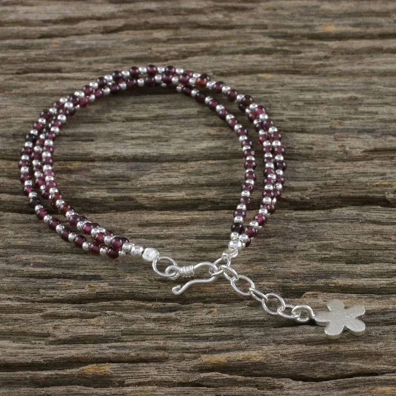 women’s delicate chain bracelet -Natural Joy Karen Silver and Garnet Beaded Bracelet from Thailand