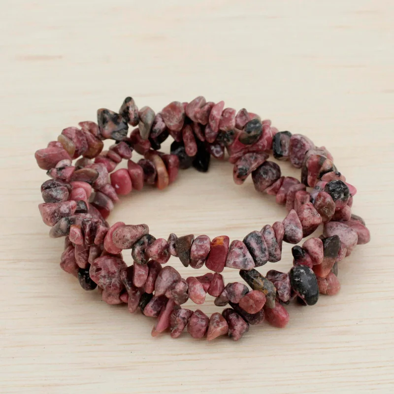 chic adjustable bracelet for women -Naturally Enchanting Three Rhodonite Beaded Stretch Bracelets from Brazil