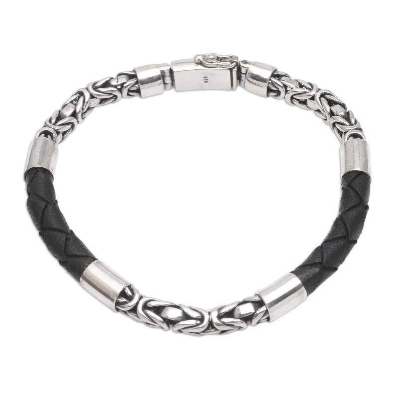 fashion-forward bracelet for men -NOVICA Strong Unity in Black, Men's sterling silver and leather bracelet