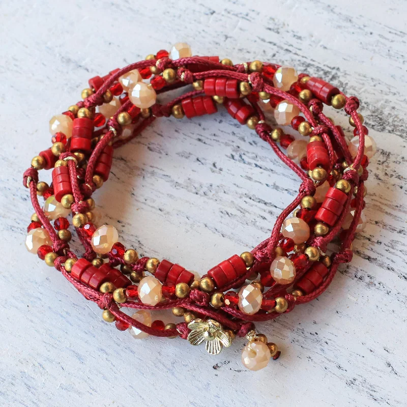 boho chic leather bracelet -Passionate Party Calcite and Glass Beaded Wrap Bracelet in Red from Thailand