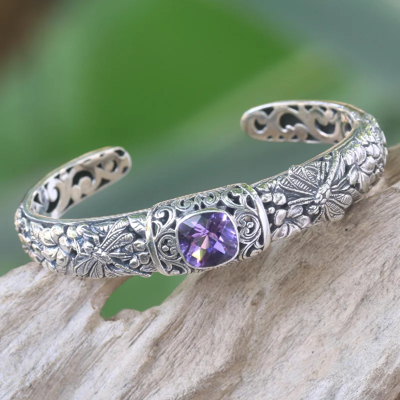 spiritual healing bracelet for men -Sacred Garden in Purple Amethyst and Sterling Silver Cuff Bracelet from Indonesia