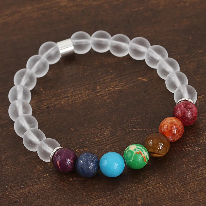 luxury crystal bracelet -Seven Chakras in White Agate and Tiger's Eye Chakra Bracelet in White from Mexico