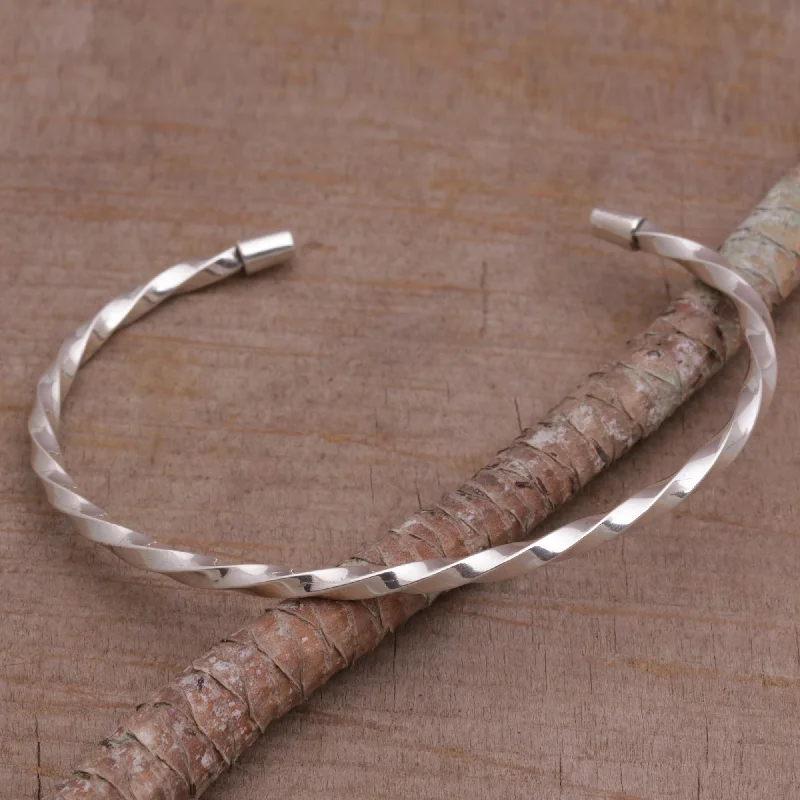 casual leather bracelet for men -Shimmering Twist 925 Sterling Silver Twisted Cuff Bracelet from Bali