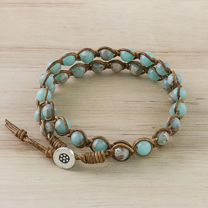 personal engraved bracelet gift -Sky Orbs Jasper Beaded Wrap Bracelet in Blue from Thailand