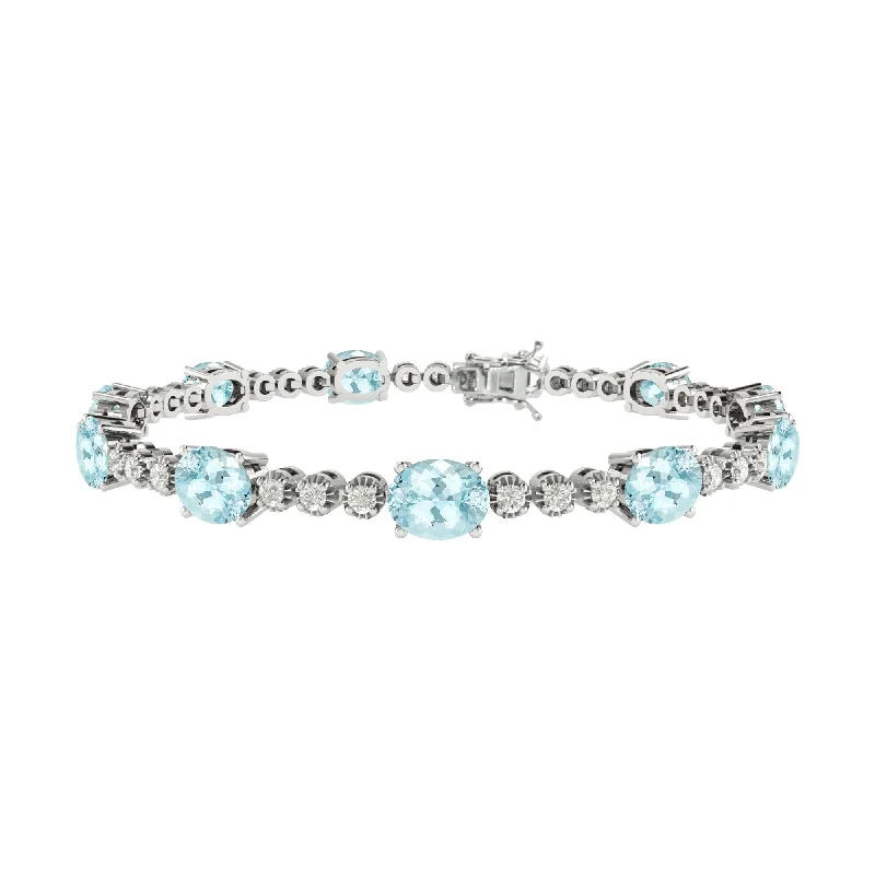 gold-plated adjustable bracelet -Sterling Silver with Aquamarine and White Topaz Tennis Bracelet-7.25"