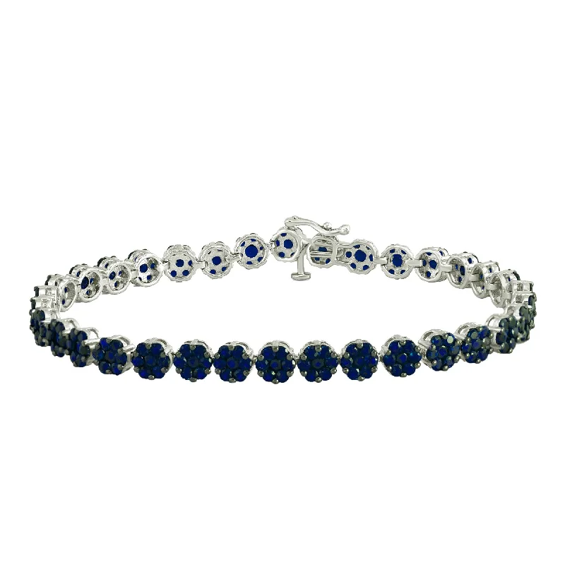 personalized birthstone bracelet -Sterling Silver with Blue Sapphire Flower Line Bracelet - 7.25"