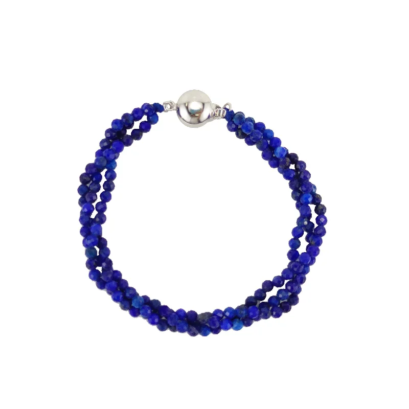 engraved infinity bracelet -Sterling Silver with Lapis Lazuli Three Row Beaded Bracelet-7.25"