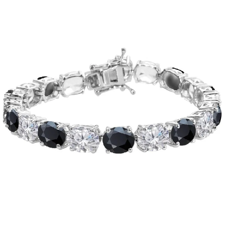 bohemian leather bracelet -Sterling Silver with Natural Black Spinel and White Topaz Tennis Bracelet-7.25"