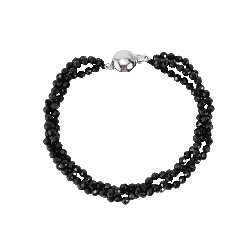 silver link bracelet for men -Sterling Silver with Natural Black Spinel Three Row Bead Bracelet