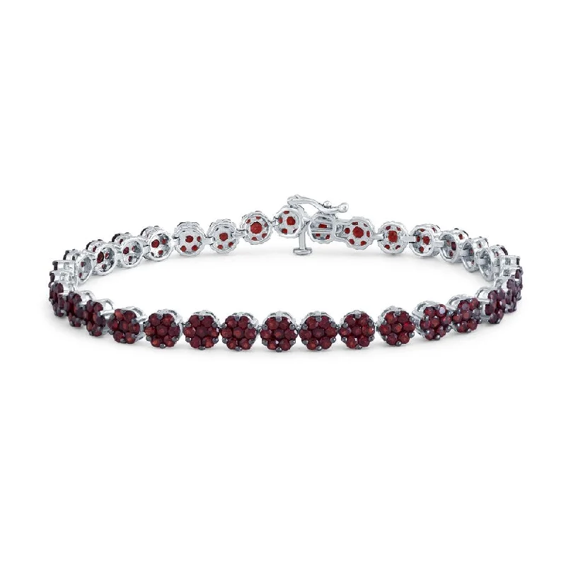 handmade beaded wristband -Sterling Silver with Natural Garnet Flower Line Bracelet-6.5"