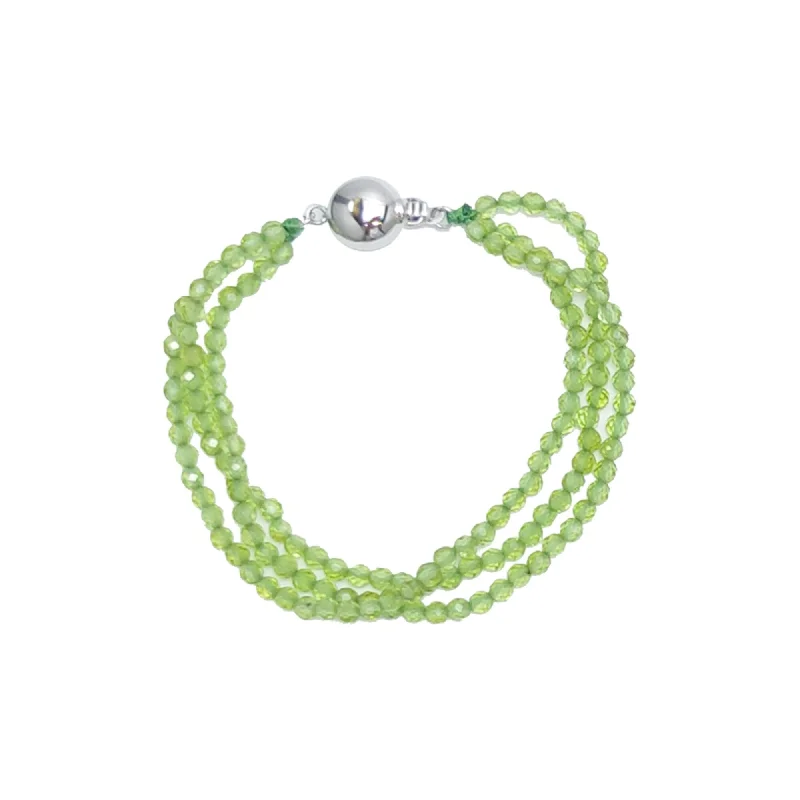 trendy charm bracelet for teens -Sterling Silver with Natural Peridot Three Row Bead Bracelet-6.5"