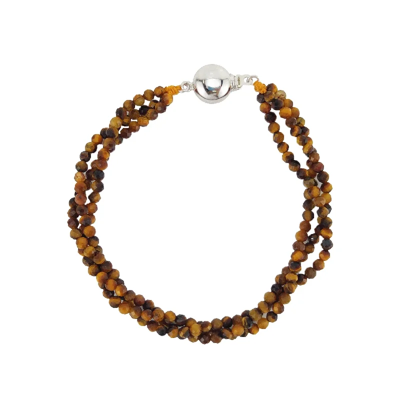 luxury gold chain bracelet -Sterling Silver with Tiger Eye Three Row Beaded Bracelet-7.25"