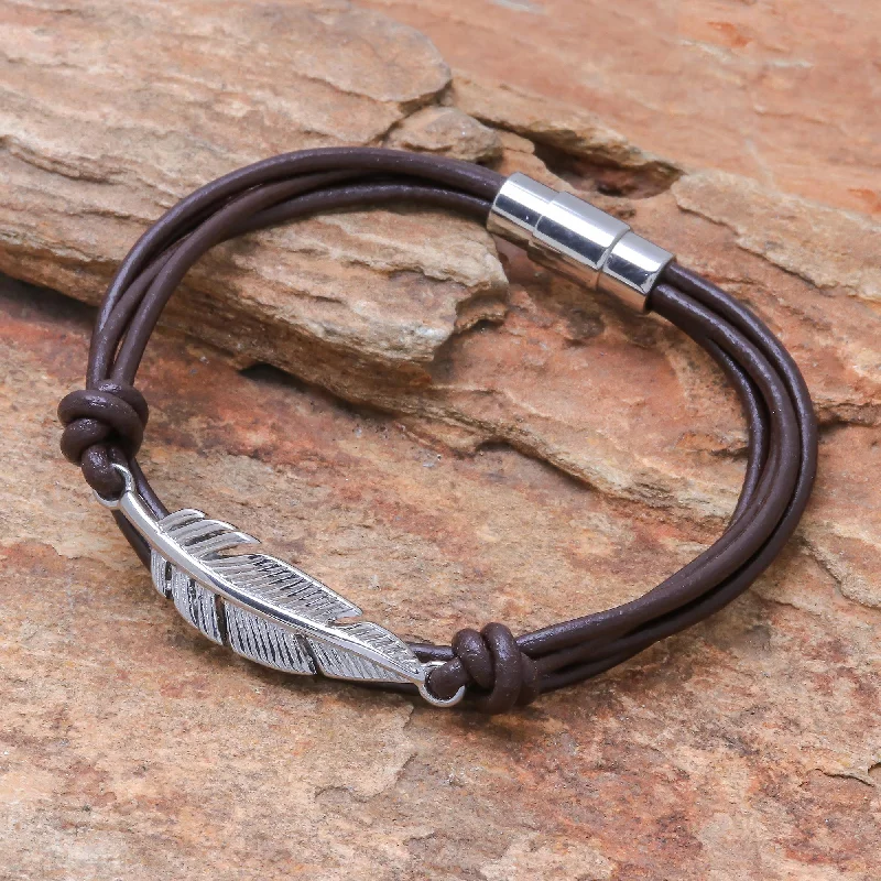 inspirational charm bracelet -Stunning Feather in Brown Stainless Steel and Brown Leather Feather Pendant Bracelet