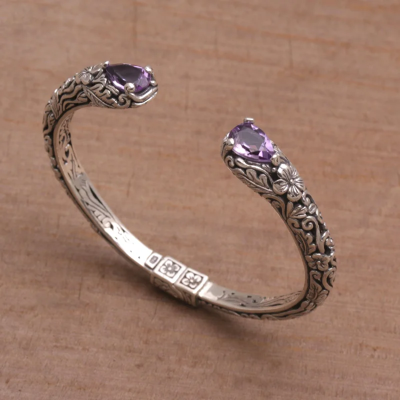 customizable name bracelet -Transcendent Forest Floral Amethyst and Silver Cuff Bracelet from Bali