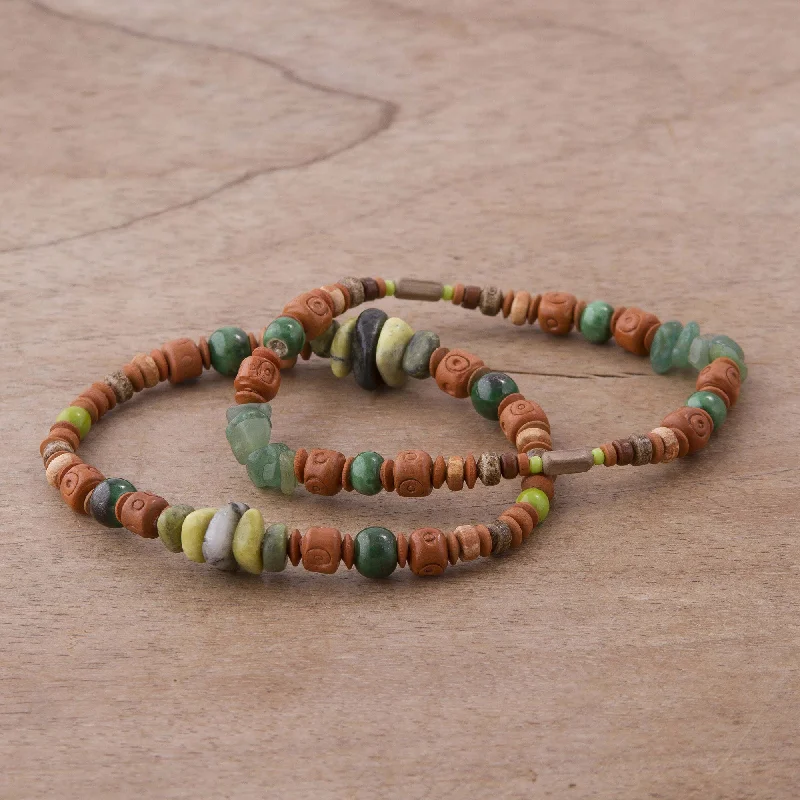 fashion-forward bracelet for men -Wind and Earth Two Ceramic Beaded Bracelets with Agate and Serpentine