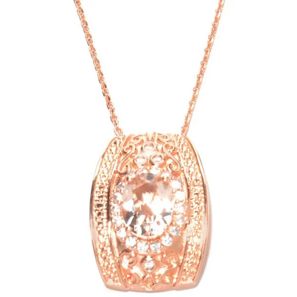 classic gold pendant necklace for women -1.97ctw Morganite & White Zircon Filigree Pendant w/ 18" Chain