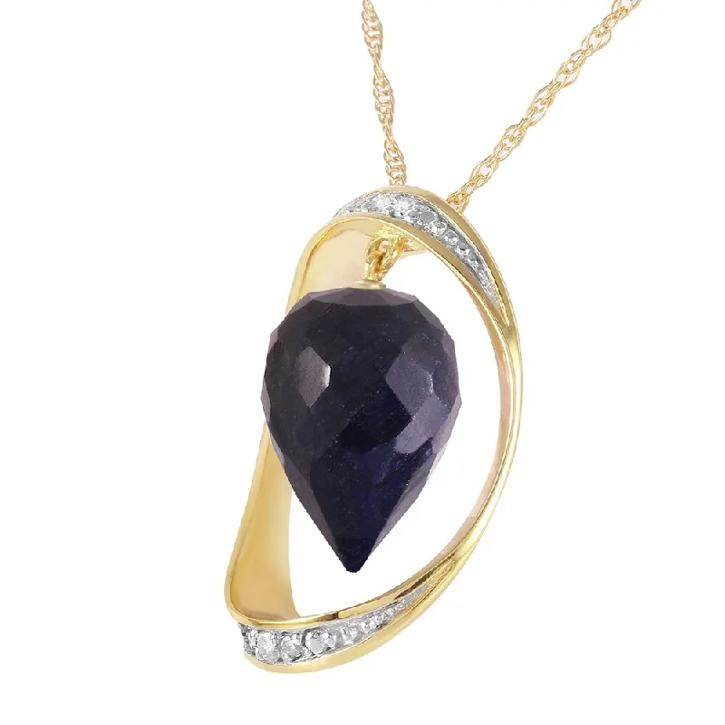 gold heart necklace for women -14K Solid Gold Necklace with Diamonds & Briolette Pointy Drop Dyed Sapphire