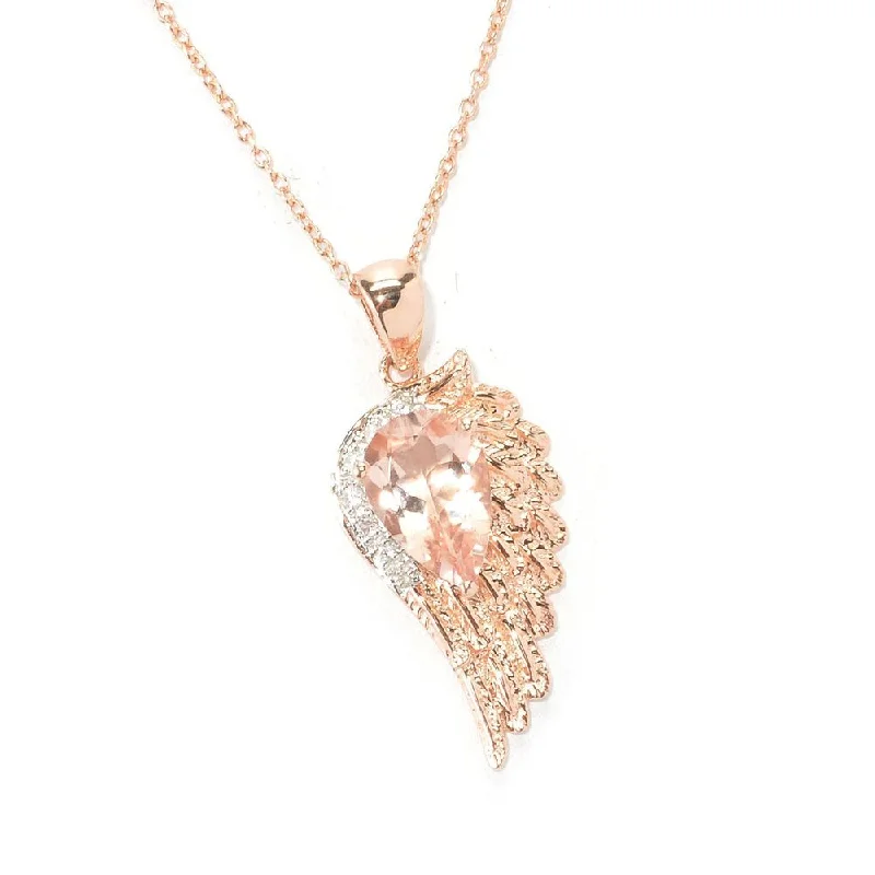 birthstone pendant necklace for moms -18k Rose Gold over Silver Morganite White Zircon Angel Wing Necklace