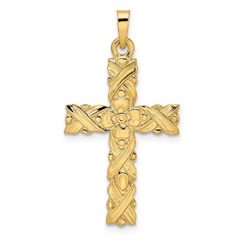 rose gold coin necklace for women -Diamond2Deal 14K Yellow Gold and Textured Solid Floral Cross Pendant (L-33.25mm, W-17.62mm)